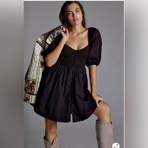 ANTHROPOLOGIE Maeve Puff-Sleeved Sweetheart Mini dress Size L BLACK